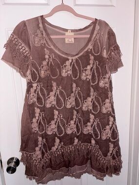 Pretty Angel Taupe Fringe Embroidered Short Sleeve Tunic